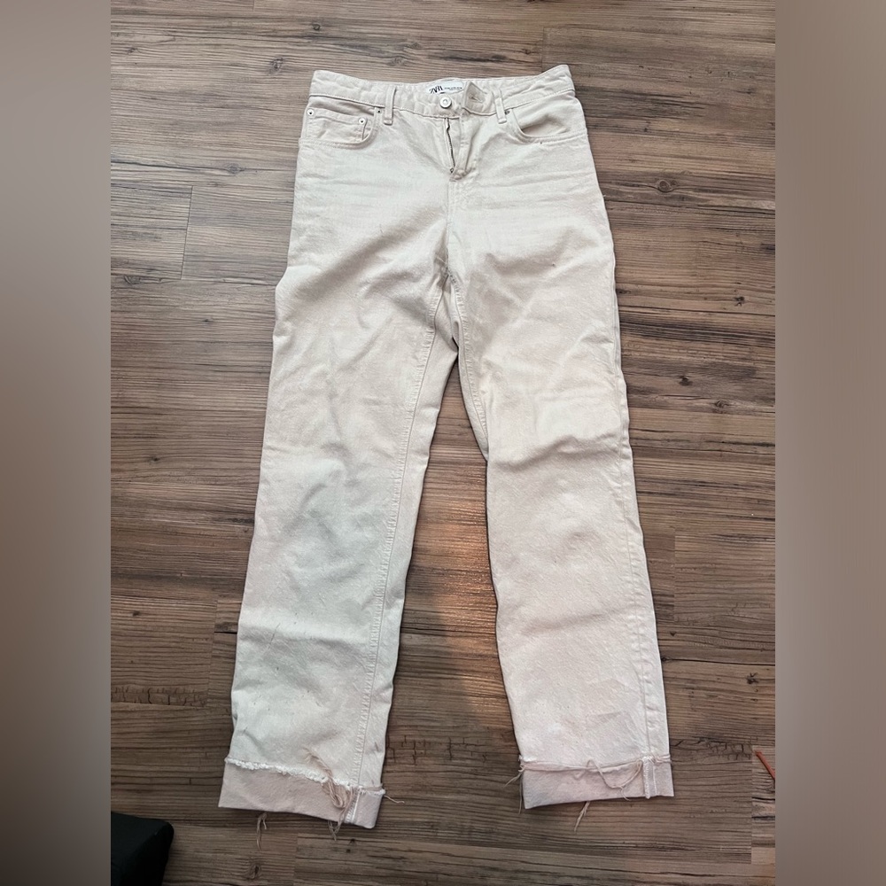 White beige straight leg denim pants